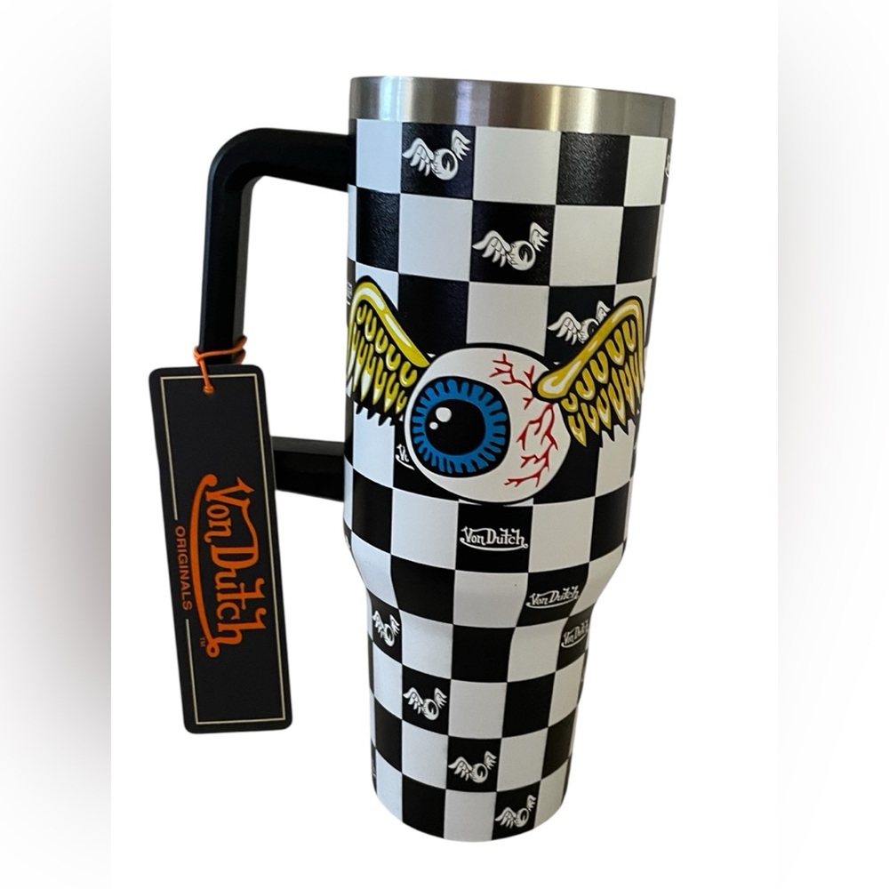 Von Dutch Black and White Checkered Mug with Blue Eye and Yellow Wings